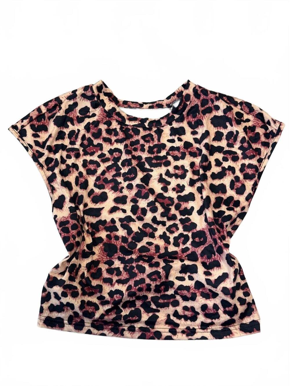 Leopard Print Short Sleeve Top Animal Print Blouse Medium Tan Black Burgundy